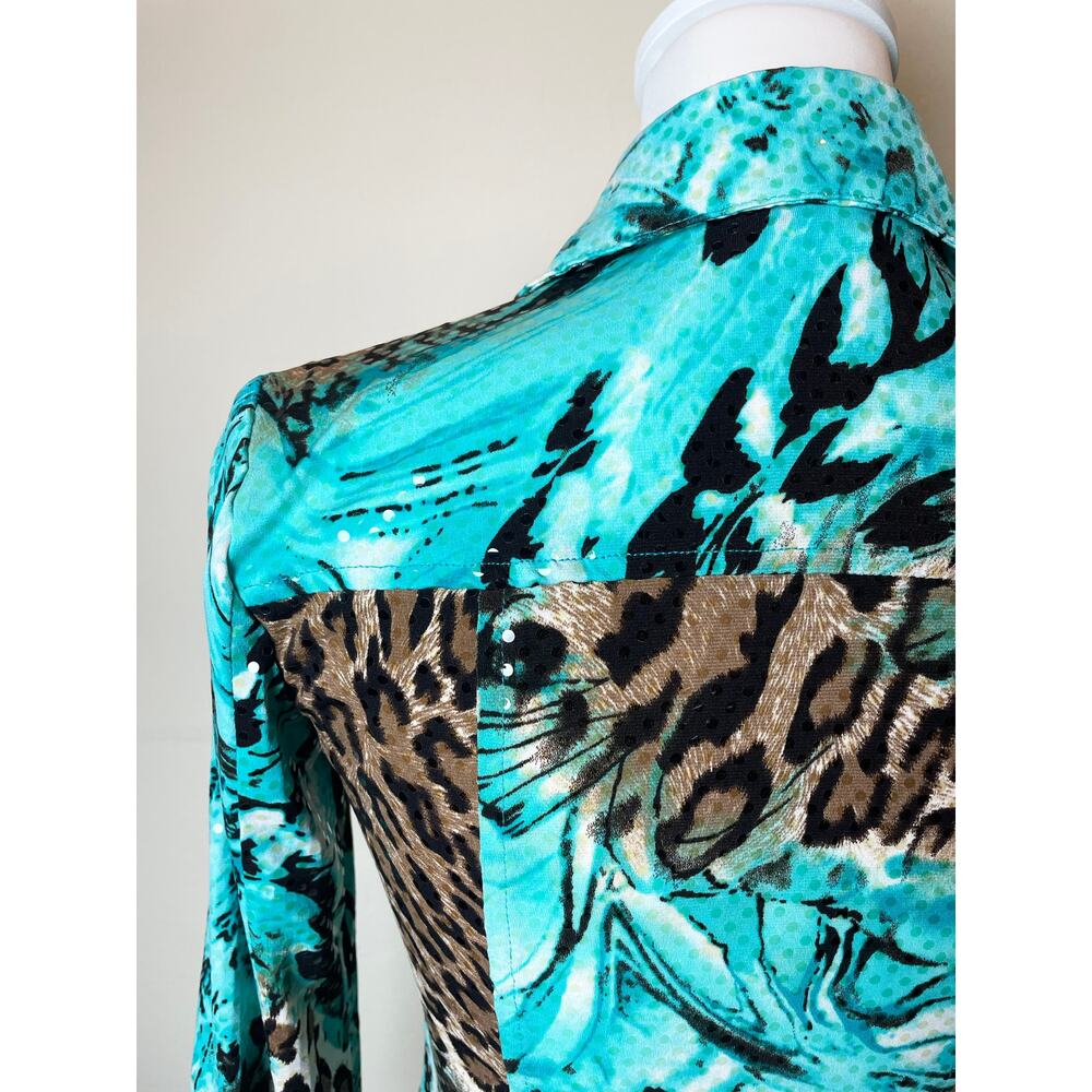 Cache Vintage Rhinestone Embellished Animal Print Snap-Front Top Sz S - Picture 8 of 13